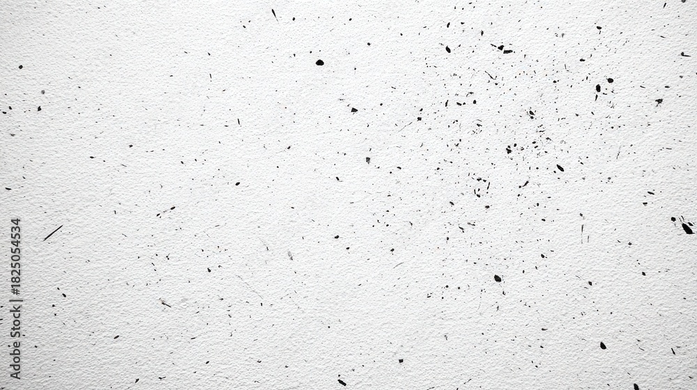 Black splatters are scattered across a white wall, forming an abstract design. The scene captures the contrast and texture of paint on a clean surface.