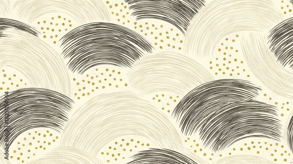 This artwork showcases a modern abstract pattern with flowing wave shapes in black and light beige, accented by golden dots on a cream background. The design creates a soothing visual rhythm.