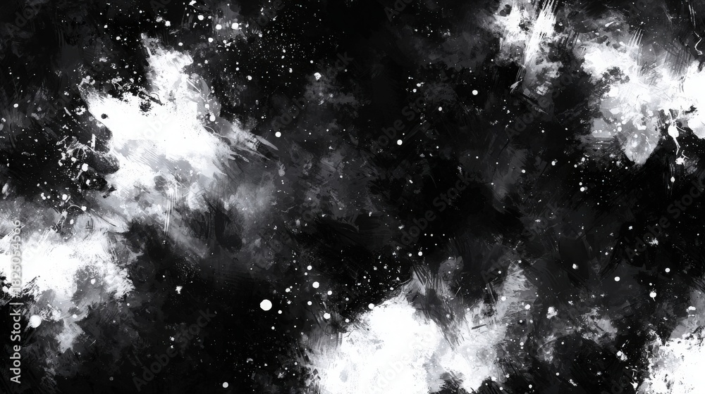 This artwork showcases a rich blend of black and white textures that evoke a cosmic scene. The contrasting colors and textures create a dynamic, engaging visual experience, reminiscent of a night sky.