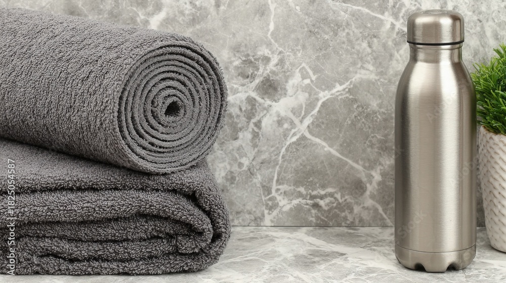 Soft gray towels are neatly rolled beside a sleek metal water bottle on a light marble surface. A small green plant adds a touch of freshness to the scene.