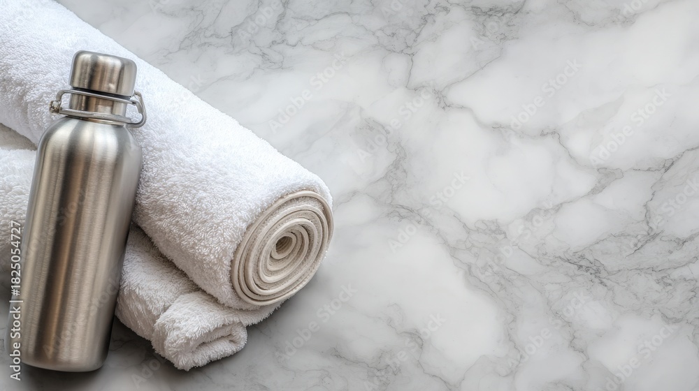 Soft, white towels are neatly rolled beside a stainless steel water bottle on a sleek marble countertop. The setting looks clean and inviting, perfect for a spa or wellness space.