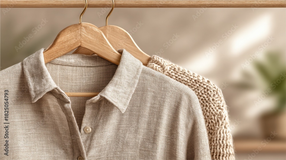 Two garments hang neatly on wooden hangers in a softly lit area. The light gray shirt has a button-up design, while the knitted sweater features a textured pattern. The background is calm and cozy.