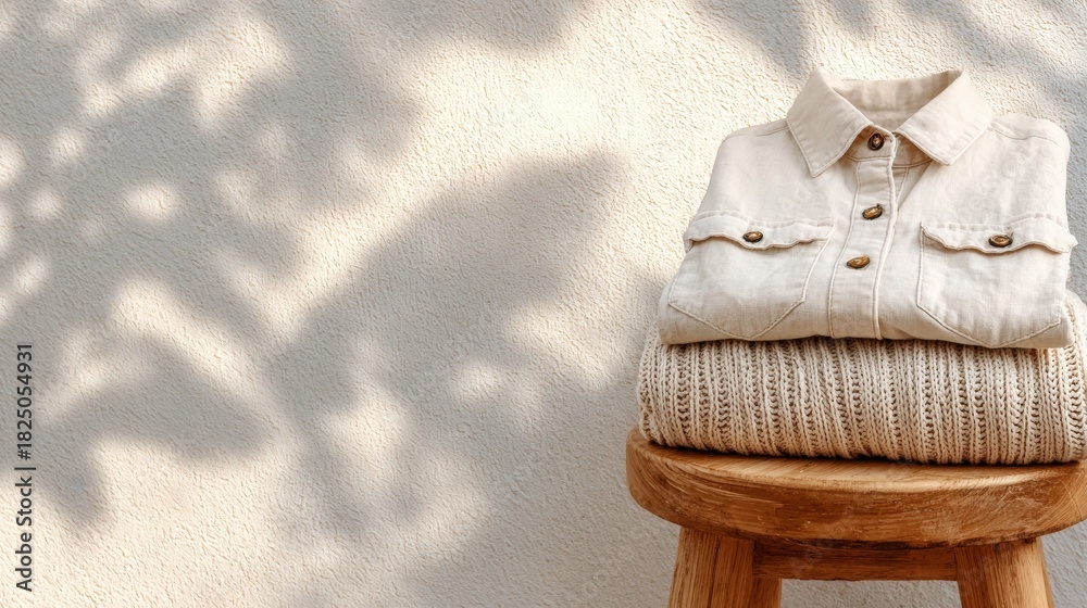 A wooden stool holds a neatly folded shirt and a cozy sweater. Soft shadows from nearby foliage create a calming atmosphere, emphasizing the simplicity of the setup.