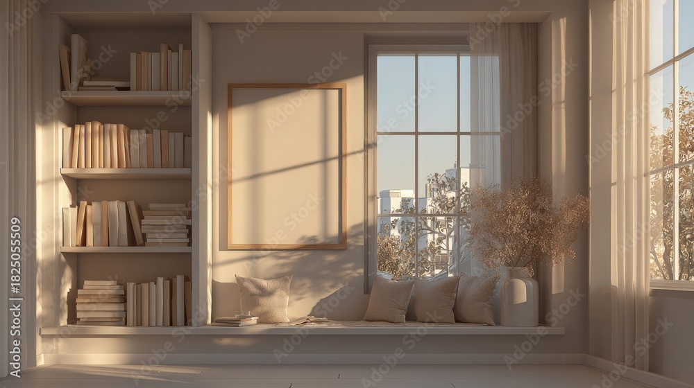 This scene showcases a softly lit room with a large window, shelves filled with books, and a comfortable seating area. Warm tones and natural elements create a calm atmosphere.