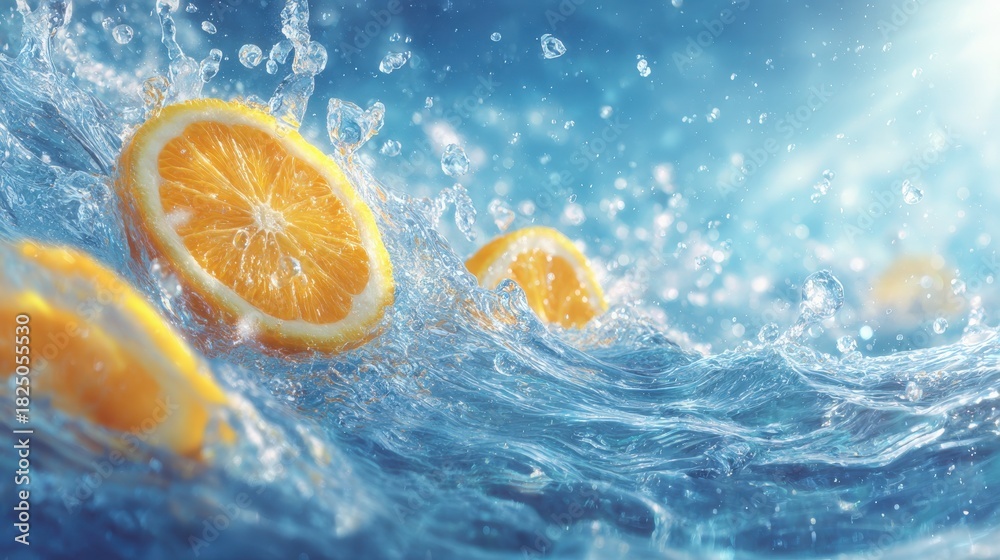 Bright orange slices float on the surface of clear water, creating dynamic splashes and droplets. Sunlight enhances the refreshing scene, evoking a sense of summer and zest.