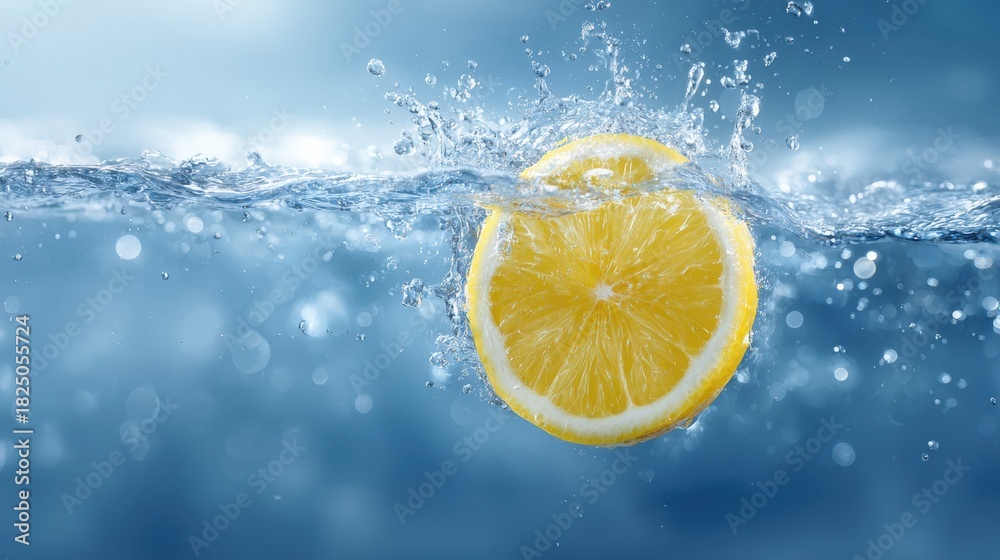 A vibrant yellow lemon slice sinks into clear blue water, creating splashes and bubbles. The scene captures the freshness and juiciness of the lemon in a lively environment.