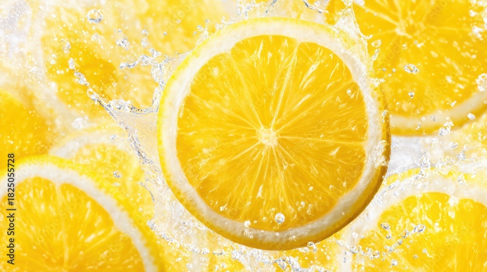 Bright yellow lemon slices are immersed in clear water, causing splashes and droplets to form around them. The scene captures the freshness and juiciness of the lemons, perfect for summer drinks.
