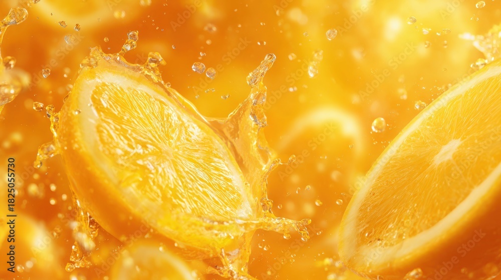 Slices of fresh orange burst into splashes of water against a vibrant yellow backdrop. The scene captures the freshness and juiciness of citrus fruit, inviting a sense of refreshment.
