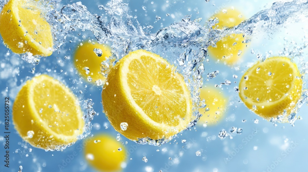 Lemon slices drop into clear water, creating bubbles and splashes. The bright yellow fruit contrasts with the blue background, evoking a refreshing summer atmosphere.