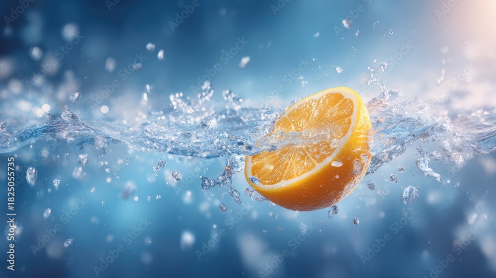 An orange slice plunges into clear water, sending droplets flying in all directions. The scene captures the refreshing moment with bright colors and dynamic splashes.