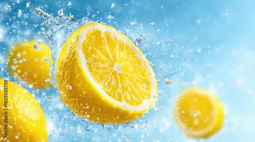 Lemon slices are captured mid-splash, sending droplets of water into the air. The bright yellow fruit contrasts beautifully with a vivid blue background, evoking a fresh and lively atmosphere.