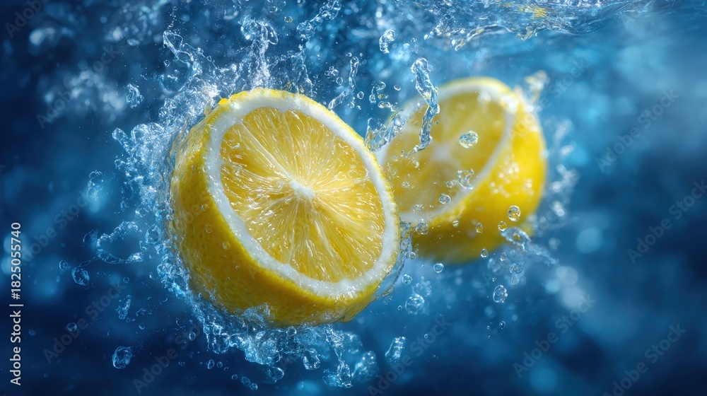 Fresh lemons are sliced and submerged in clear water, causing a lively splash. The vibrant yellow fruit contrasts with the deep blue background, showcasing water droplets and bubbles around it.