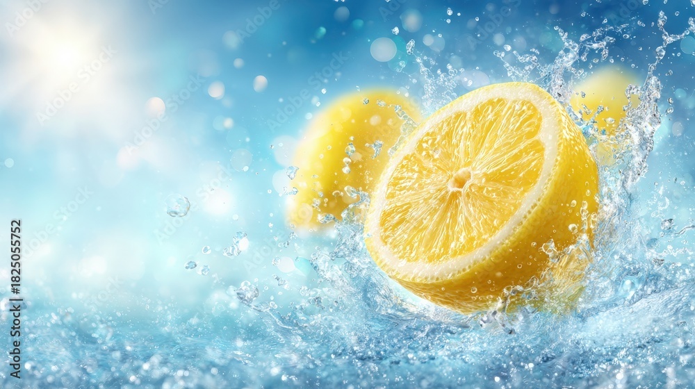 Fresh lemon slices create splashes as they fall into clear water. The scene is illuminated by sunlight, with a bright blue background, highlighting the juicy texture of the fruit.