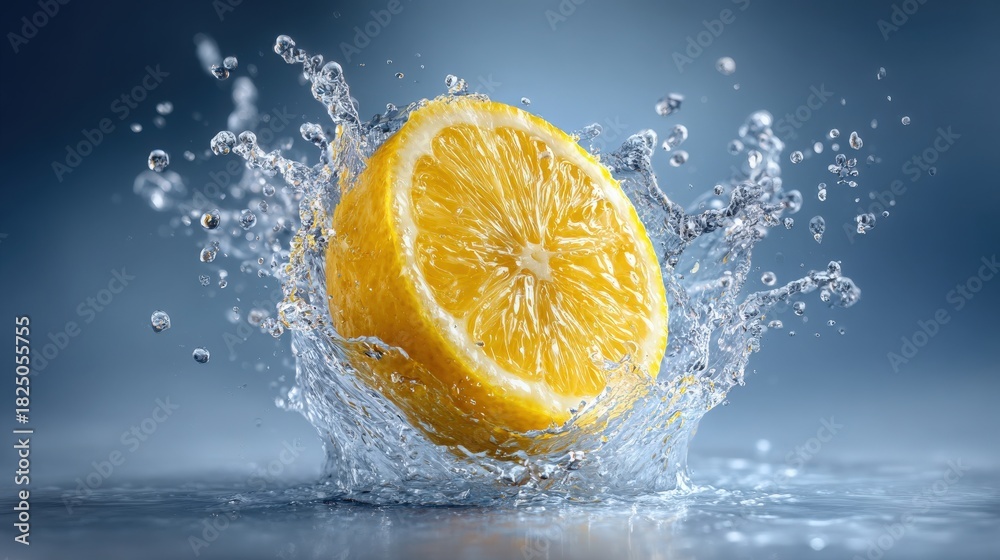 A bright yellow lemon slice drops into water, creating splashes and waves. The scene captures the refreshing nature of citrus and showcases the vibrant droplets in a cool blue background.