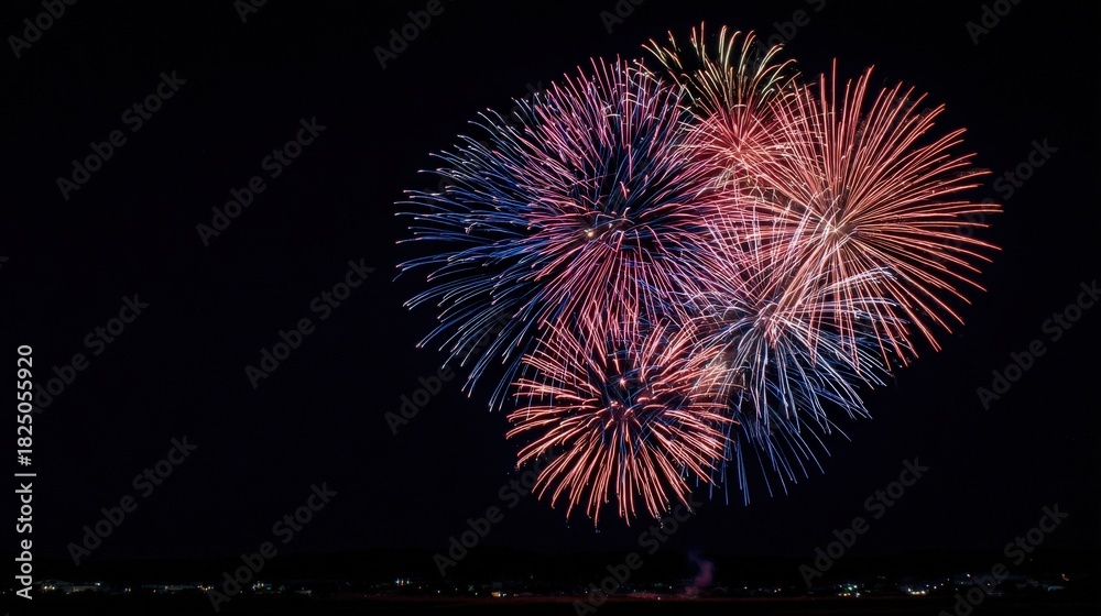 Bright fireworks burst in various colors against a dark night sky, illuminating the horizon. The display captivates viewers, marking a festive occasion in a lively atmosphere.