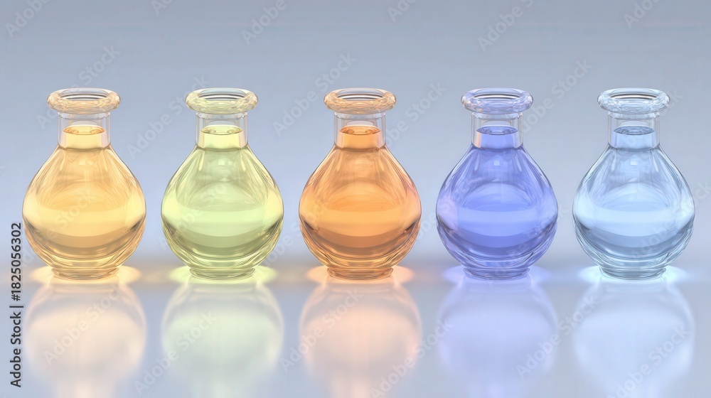 Five small glass bottles filled with different colored liquids are lined up on a smooth surface.
