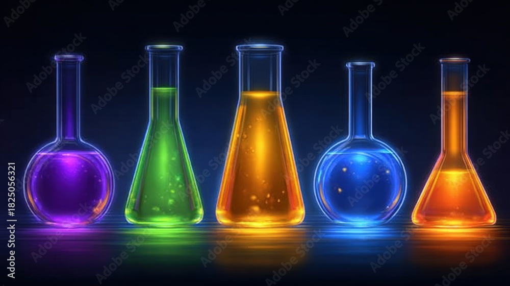 Five glass flasks in various shapes display bright, colorful liquids. The glowing contents create a mesmerizing effect against the dark background, suggesting experimental activities in a lab.