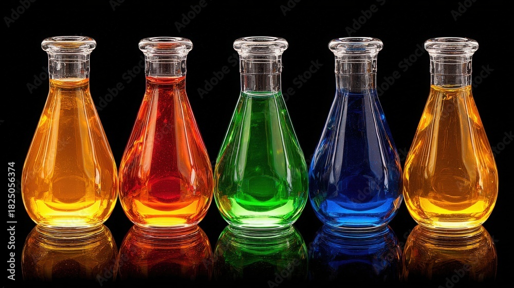 Five glass bottles in varying shapes are filled with vibrant liquid colors orange, red, green, blue, and yellow. The bottles sit on a dark reflective surface, creating a striking visual display.