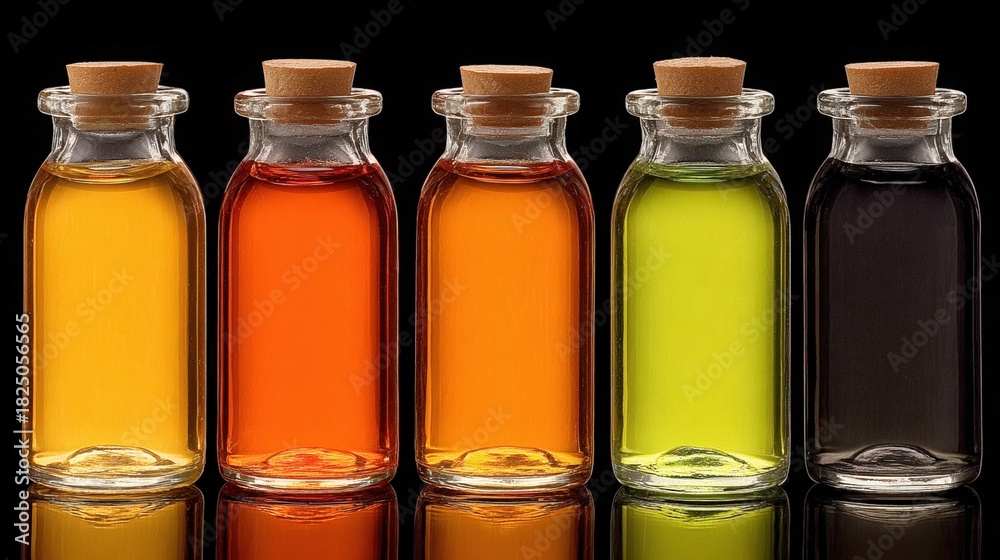 Five glass vials visible on a smooth surface, each filled with different colored liquids. The vibrant hues range from yellow to orange, green, and dark shades, creating a striking contrast.