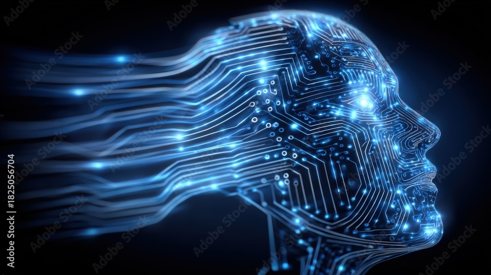 A futuristic depiction shows a human-like profile composed of glowing circuits and intricate patterns.