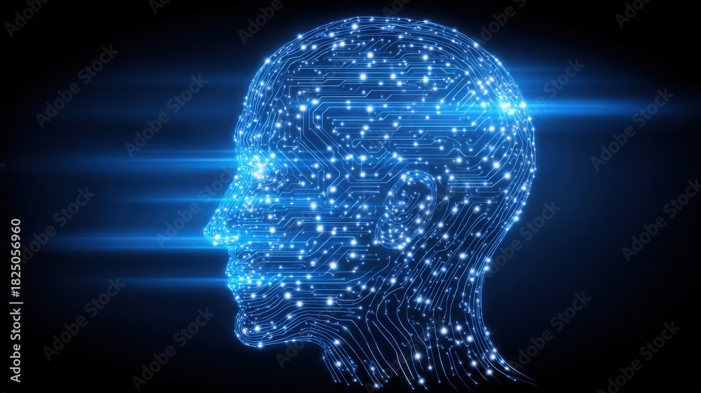 This artwork features a side profile of a human head made of electric circuits and glowing dots.