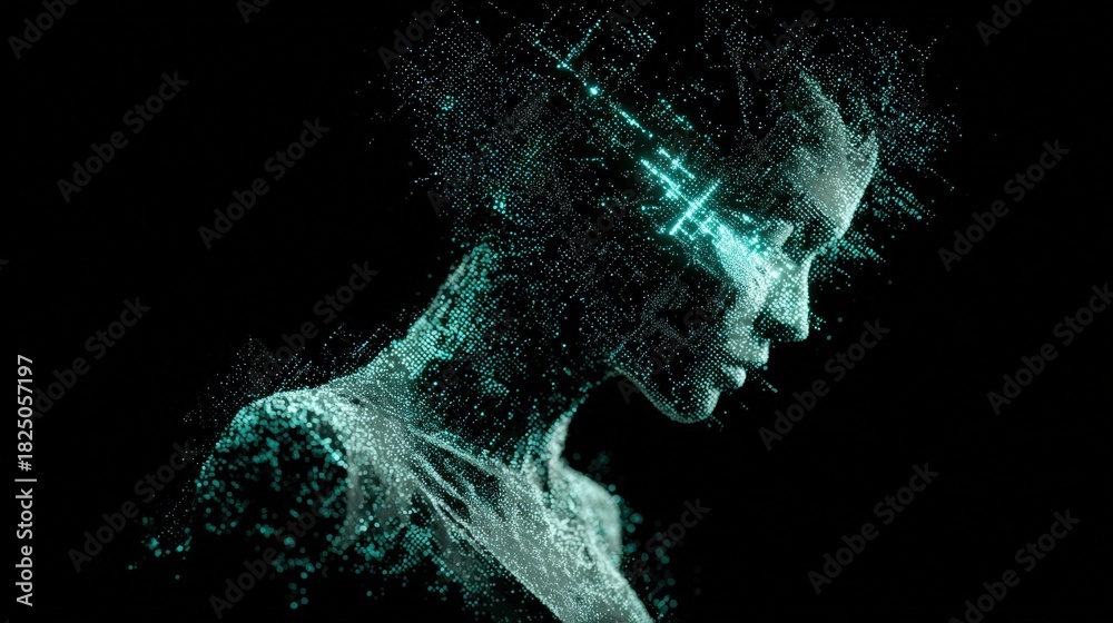 A glowing, digital figure is seen from the side, with intricate patterns of light and particles forming its outline. The dark background enhances the luminous effect, creating an ethereal atmosphere.