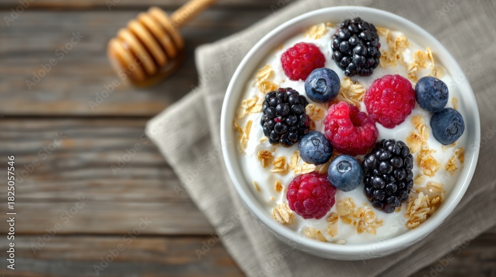 A bowl of creamy yogurt is topped with vibrant red raspberries, dark blackberries, and blue blueberries, along with crunchy granola. The setting features a cozy wooden table and a honey dipper nearby.