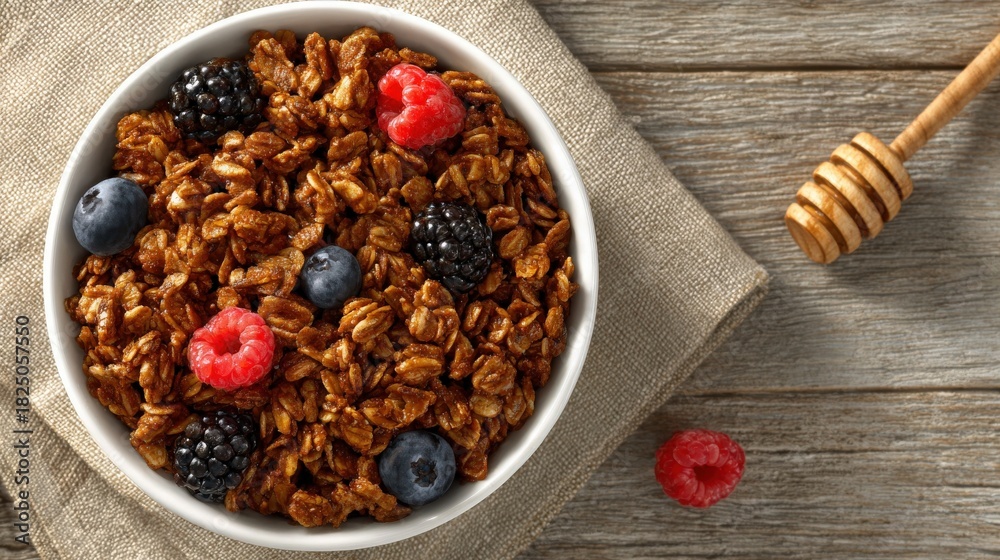 This bowl contains crispy granola mixed with blueberries, blackberries, and raspberries. Honey is placed beside the bowl, creating a inviting and nutritious breakfast scene.
