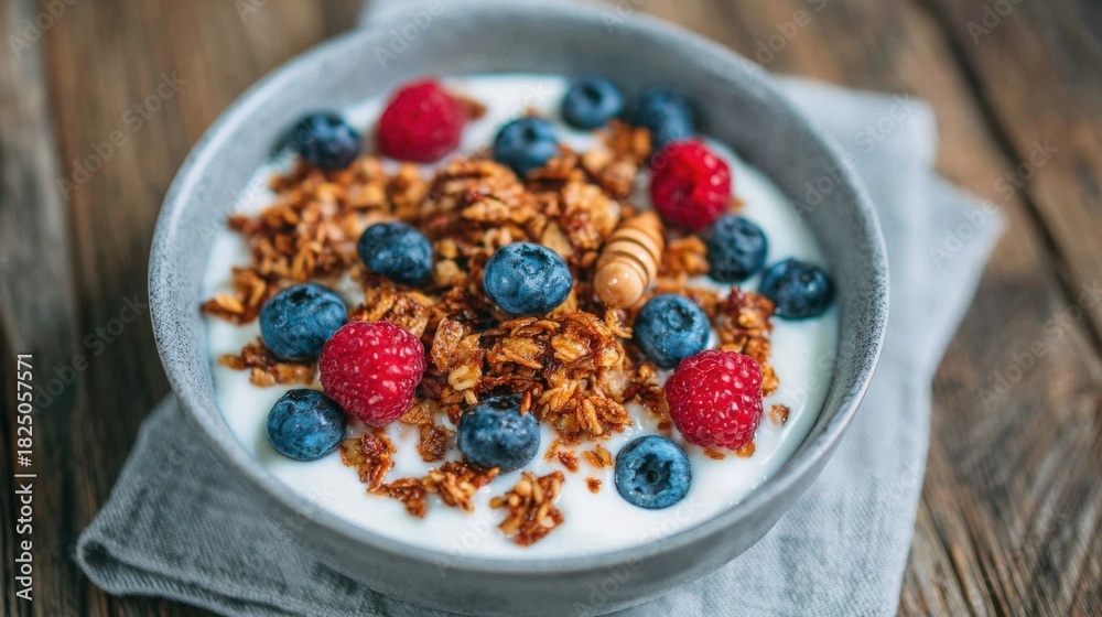 A delightful bowl filled with creamy yogurt, topped with blueberries, raspberries, and crunchy granola sits on a rustic wooden table. The meal is garnished with a drizzle of honey.