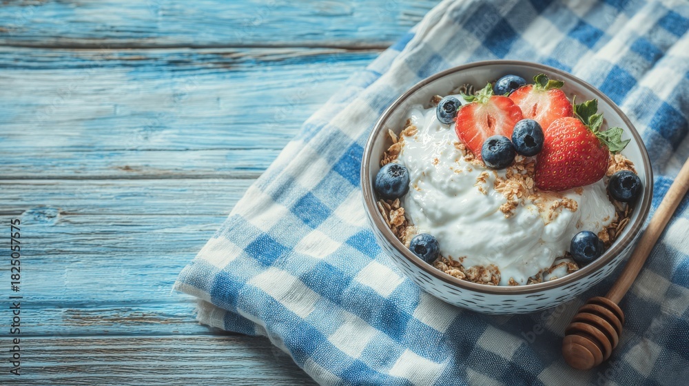 A bowl filled with creamy yogurt is topped with fresh strawberries and blueberries, alongside crunchy granola. The bowl rests on a blue checkered cloth, creating a rustic and appetizing scene.