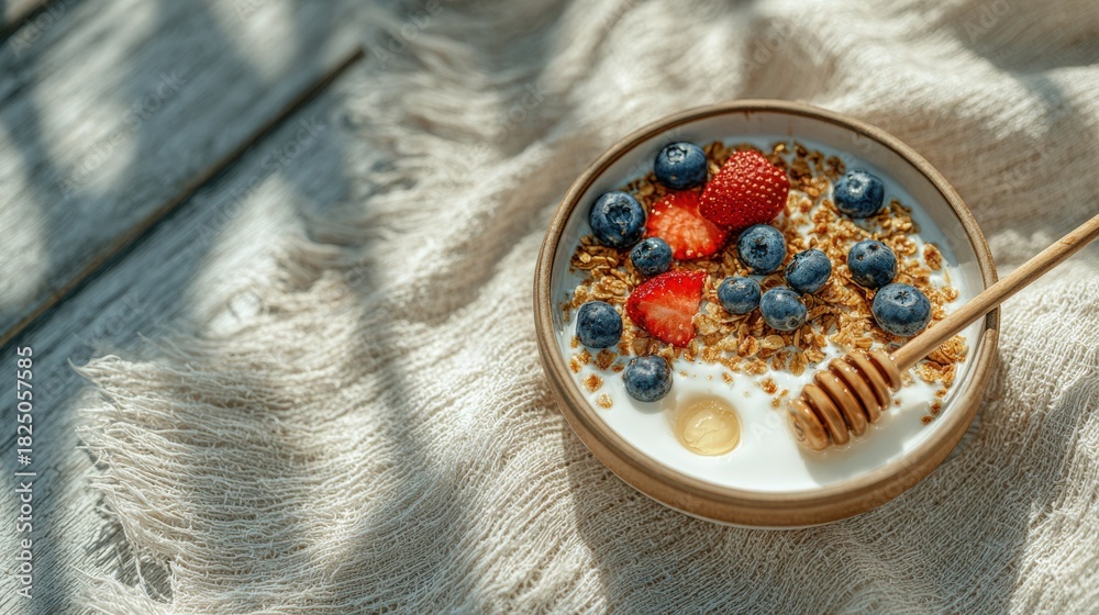 A bowl filled with creamy yogurt features a layer of granola, topped with fresh strawberries and blueberries. A drizzle of honey adds sweetness, all resting on a soft, neutral cloth in natural light.