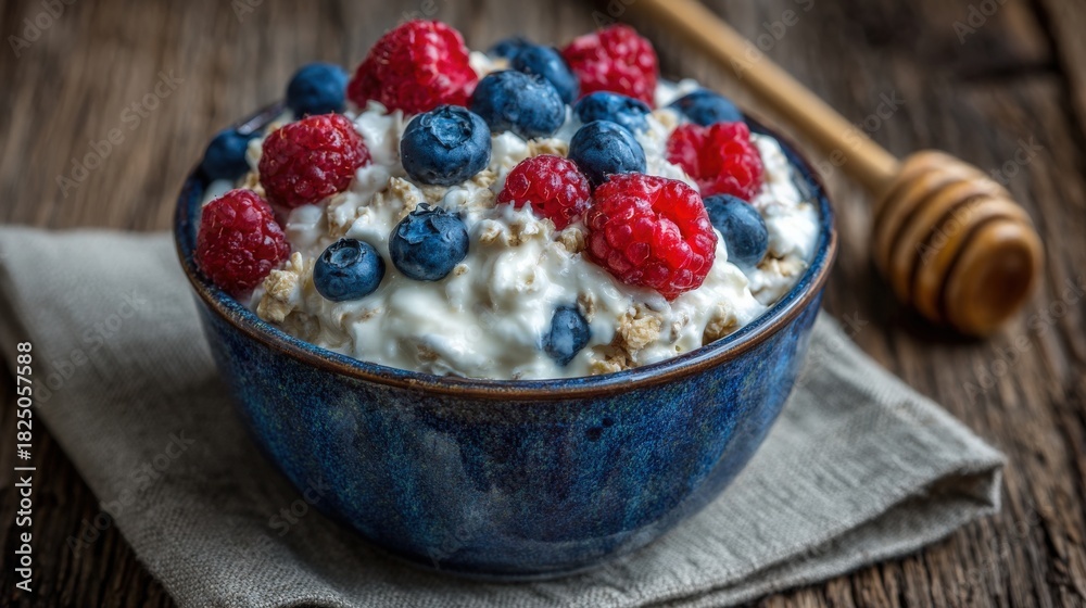 A bowl filled with creamy yogurt is topped with bright blueberries and raspberries. A wooden honey dipper rests nearby on a textured table. The setting gives a cozy, inviting feel.