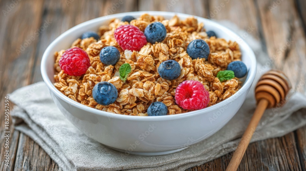 A bowl filled with crunchy granola topped with fresh blueberries and raspberries sits on a wooden table. A wooden honey dipper rests nearby, completing the healthy breakfast scene.