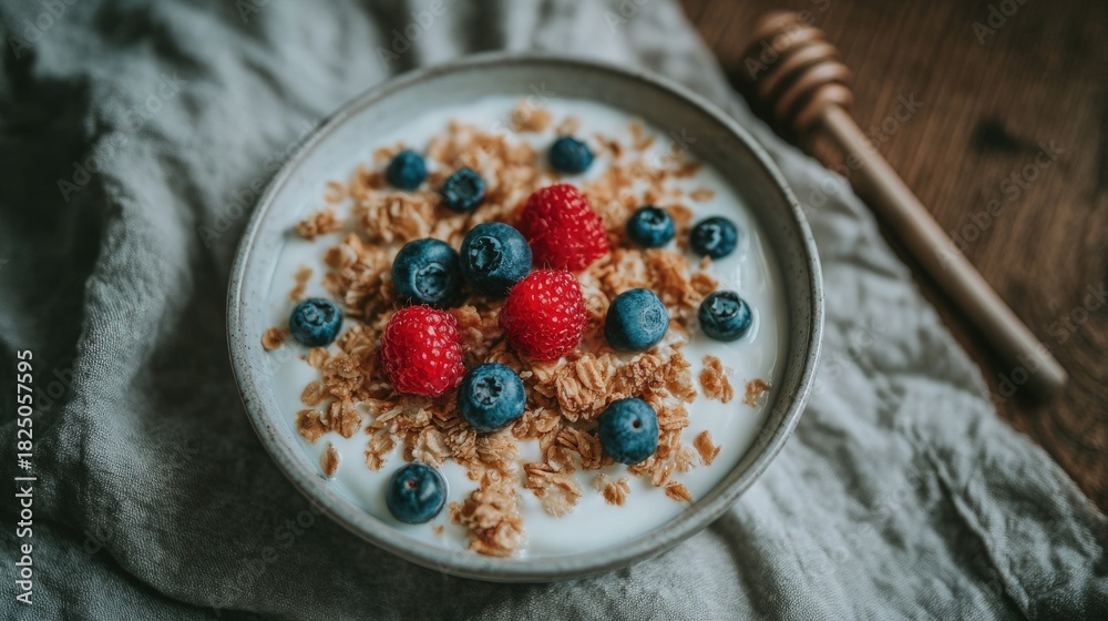 A bowl of yogurt topped with granola, fresh raspberries, and blueberries sits on a rustic wooden table. A honey dipper lies nearby, emphasizing a healthy breakfast choice.