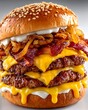 © Mira Studio - Buttery brioche bun holding two seared patties, golden cheddar, and sweet caramelized onions