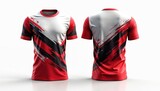 Red black sports t-shirt mockup with abstract brush stroke pattern. Front, back views of athletic jersey template. Modern apparel for football soccer team uniform. Clothing design for gym workout,