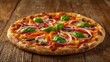 © BVpix - Freshly baked, crispy pizza topped with melted mozzarella cheese, mushrooms, onions, bell peppers and fresh basil leaves, served on a rustic wooden table