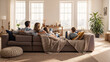 © Haixlxy - Family relaxes together on comfortable sofa in sunlit living room, creating a loving home environment and cozy lifestyle memories