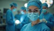 © Viktor - Surgeon in protective gear gazes intensely in operating room. Medical team works behind, blurred lights add drama. Focused surgical staff prepare for complex procedure, emphasizing care.