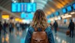 © Viktor - Young woman with backpack walks through airport terminal. People in background move toward departure boards. Focus on traveler preparing for flight. Journey starts at busy aerodrome.