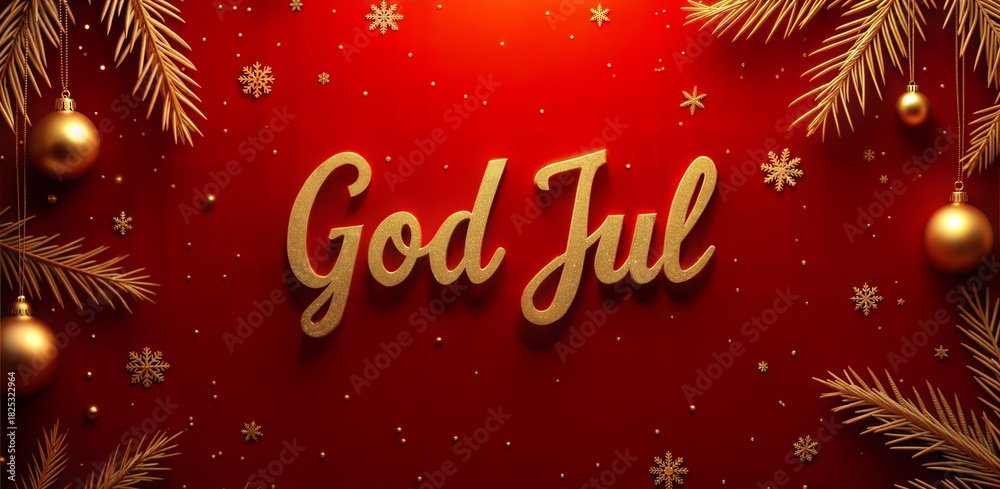 God Jul Swedish gold foil text on rich red julkort with gold