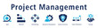 © HANIS - Project management web banner icon vector illustration concept with icon of agile, waterfall, methodology, operations management, quality assurance, project milestones, and synergy.