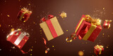 Luxury floating gift boxes with golden ribbons and festive sparkling confetti on red background 3D illustration