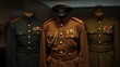 © Godchiuan - effacement. A faded historical military uniform and insignia displayed in a muted, solemn archive setting. event programs, museum guides, designed for cultural heritage projects and event programs.