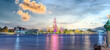 © Elias Bitar - 26 November 2025 Beautiful Sunset colours of Thai Temple Wat Arun on Chao Phraya River in BKK Bangkok Thailand. The magic colourful neon light display on the temple at sunset is magical.
