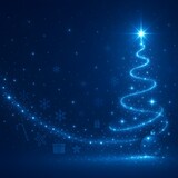 Magical blue Christmas background with glowing light trails forming a spiral Christmas tree, star on top, sparkling particles flowing across the scene, dark blue gradient backdrop.