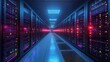 © smartcat - long symmetrical server room aisle lined with illuminated rack cabinets, neon blue and magenta led lights, reflective floor and ceiling panels conveying a futuristic, awe-inspiring atmosphere