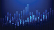 © piggu - financial report and business investment. candlesticks chart with indicators show stock market trend with bar graph on blue background