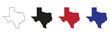© Moynul Haque - Set of texas map silhouettes in outline black solid black red and blue isolated on a clean white background representing american states geography and usa tourism
