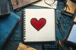 © hens - spiral notebook with a red heart on lined page surrounded by journals, glasses, pens, paper clips and envelopes on a blue wooden table, warm nostalgic creative mood